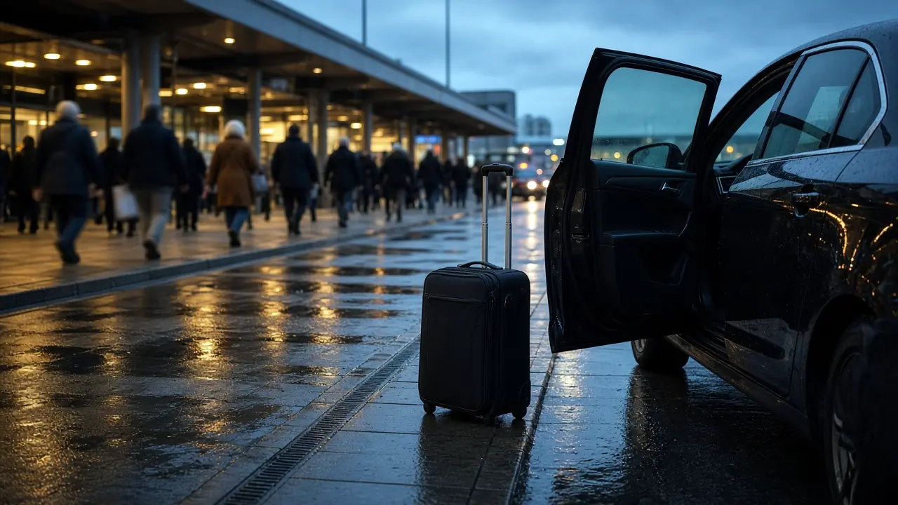 Airport departures curb at dusk with a car door open and a suitcase waiting (illustrative scene)