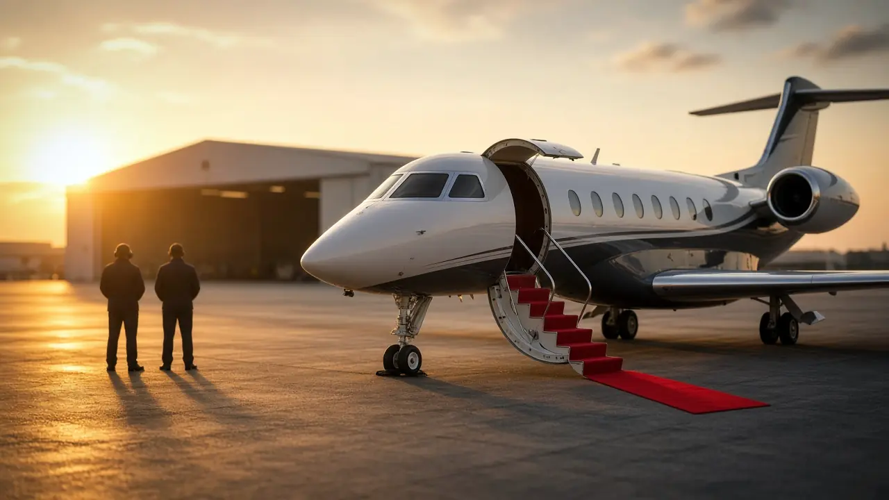 Private jet with airstair down on an FBO apron at sunset (illustrative scene)