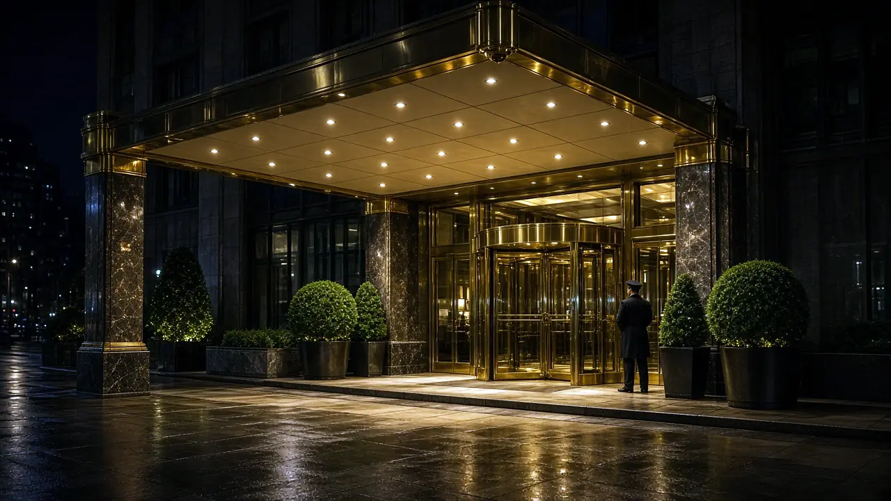 Hotel entrance canopy lit at night in New York (illustrative scene)