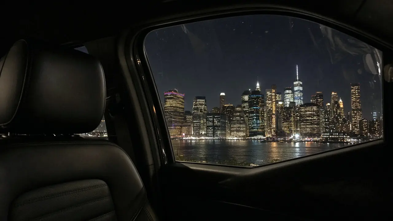 Manhattan skyline at night seen through a car window (illustrative scene)