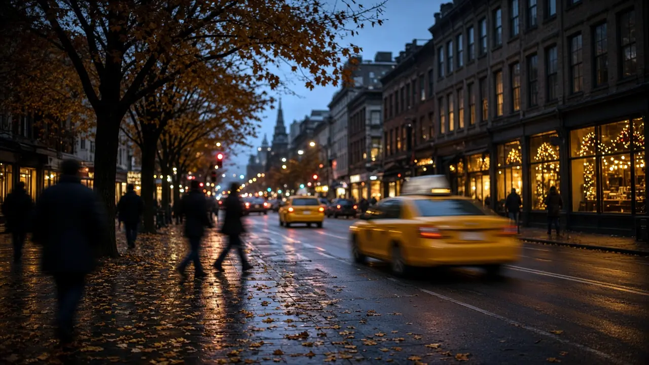 New York avenue on an autumn evening with holiday window lights (illustrative scene)