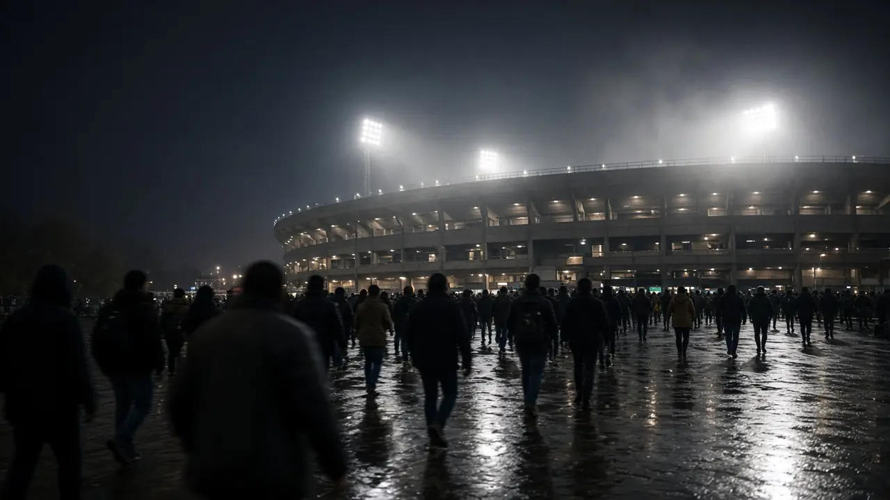 Fans walking to a floodlit football stadium on game night (illustrative scene)