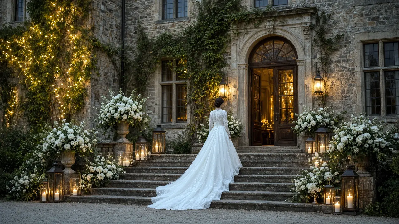 Bride walking up candlelit steps to a stone wedding venue (illustrative scene)